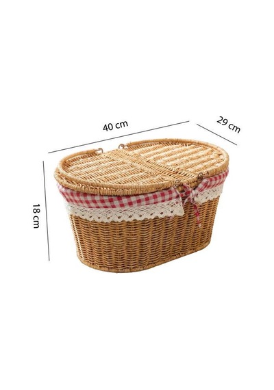 Digithome Kapaklı Rattan Vintage Dantelli Oval Piknik Sepeti -9t13 U/5 Kahverengi