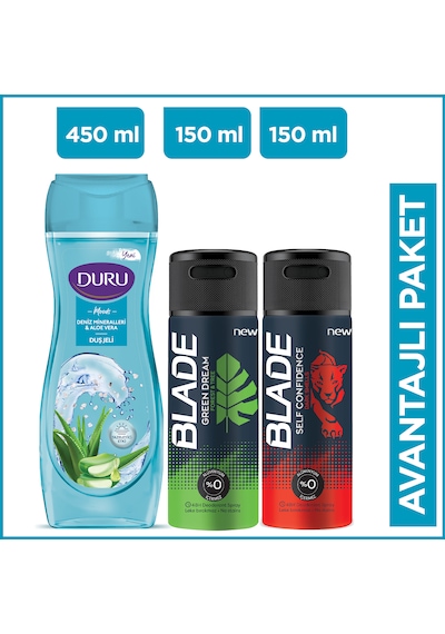 Blade Green Dream + Self Confidince Erkek Sprey Deodorant 2 x 150 ML + Duru Moods Deniz Mineralleri Duş Jeli 450 ML