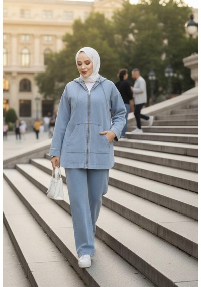 Hb Harma Time Butik Kadın Kapüşonlu Cepli Kot Mavi Tunik Pantolon Takım