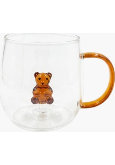 Chacha Home Figürlü Borosilikat Cam Kupa 350 Ml - Renkli Kulplu Bardak - El Yapımı Cam Figürlü Sunum Kupası Ayıcık Figür
