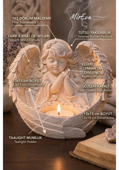 Melek Figürlü Dilek Tutan Tealight Mumluk, Taş Döküm, 13x15 Cm, Dekoratif Anma Ve Hediye Dekoru İçin Çok Renkli