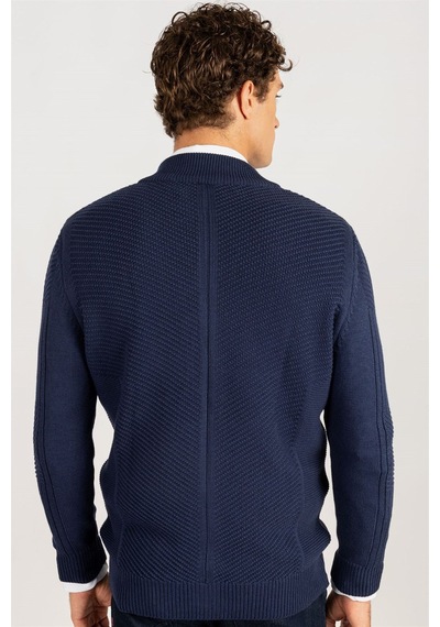 Tudors Erkek Slim Fit Kendinden Desenli Lacivert Hırka-23219 Lacivert