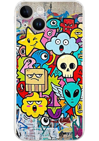 Apple Uyumlu iPhone 14 İle Grafiti Doodle Tasarımlı Şeffaf Silikon Kılıf Şeffaf