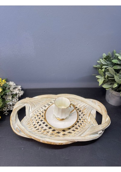 Dekoratif Polyester Tekli Hasır Sunumluk Tepsi Krem Gold Eskitme