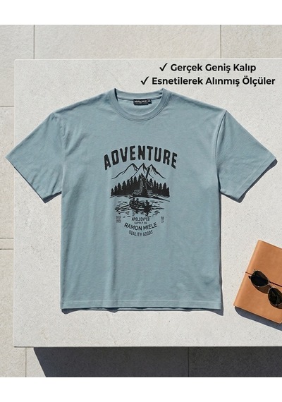 Büyük Beden Bisiklet Yaka Baskılı Erkek Tshirt Turkuaz