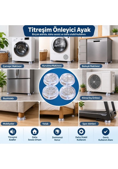 Çamaşır Makinesi Titreşim Önleyici Şeffaf Silikon Ayak 4'lü Set Diğer