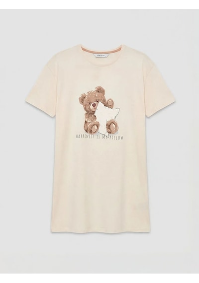 Lc Waikiki Pembe Bisiklet Yaka Ayı Teddy Baskılı Kadın Gecelik