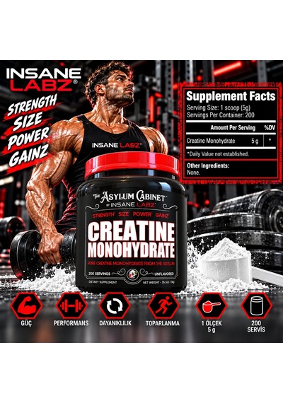 Insane Labz Insane Creatine Monohydrate Post Workout Strength Size Power 1 Kg 200 Servings - Kreatin Aromasız