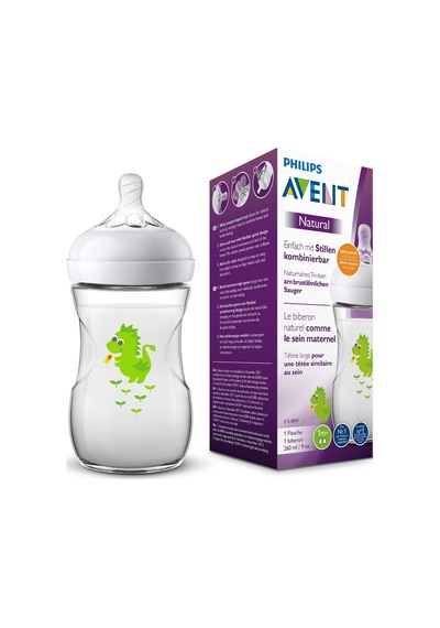 Avent Natural Flasche Scf070/24, 260 Ml, Naturnahes Trinkverhalten, Anti-kolik-system, Design Drache, 1er Pack Çok Renkli