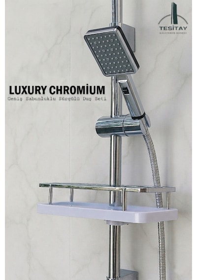 Sürgülü Duş Seti Geniş Şampuanlıklı Banyo Takımı Metalik Renk Krom