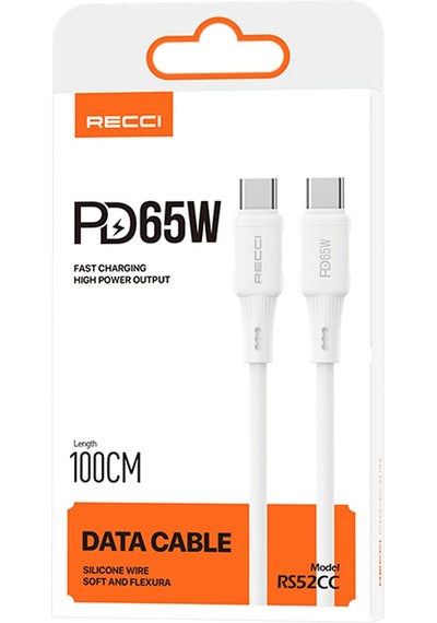Recci Rs52cc Type-c To Type-c Pd Hızlı Şarj Özellikli Data Ve Şarj Kablosu 65w 1m Beyaz