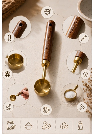15 Ml Ahşap Saplı Gold Kahve Ölçü Kaşığı Paslanmaz Çelik Kahve Çay Mama Ölçme Kaşığı Altın