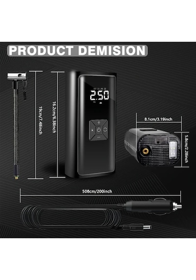 Meridiangoods Portable Tire Inflator Air Pump Mini Hava Kompresörü Dijital Göstergeli Otomatik Stop