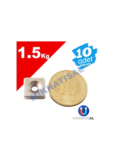 10X10X3Mm (6X3Mm) Havşalı Kare Güçlü Neodyum Mıknatıs 10 Adet