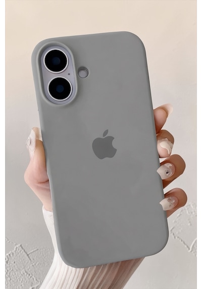 Iphone 16 Uyumlu Kılıf Logolu Lansman Soft Yumuşak Içi Kadife Silikon Kapak Gri