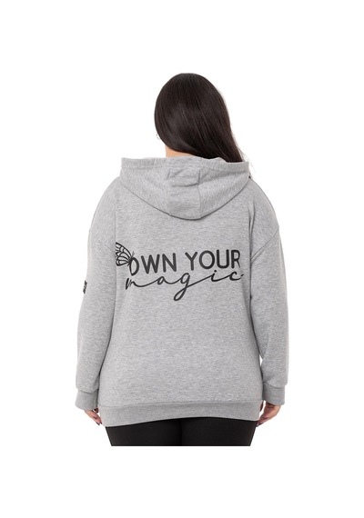 Büyük Beden Sırtında Yazı Detaylı Kapüşonlu Kanguru Cepli Üç İplik Gri Melanj Sweatshirt-gri Melanj Gri Melanj
