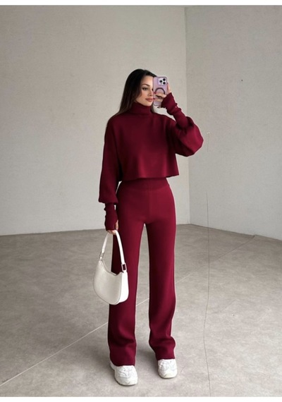 Movella Fashion Balıkçı Yaka Parmak Geçirmeli Movel 2 Li Triko Takım Bordo Bordo