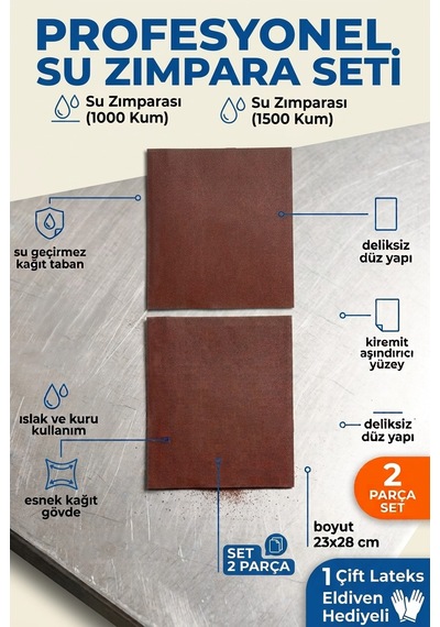 23x28 Cm Su Zımparası Seti 1000 1500 Kum 2 Parça Islak Kuru İnce Polisaj Zımparası + Eldiven