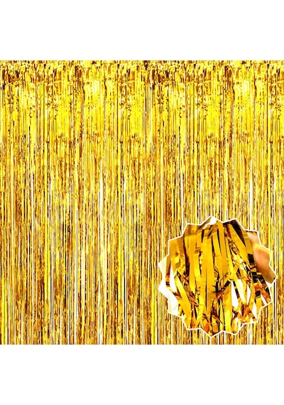 Altın Gold Renk Ekstra Metalize Parlak Saçaklı Arka Fon Perde İthal A Kalite 1x2 Metre Stantart