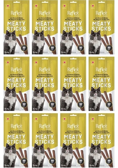 Reflex Plus Meaty Sticks Av Hayvanlı Ve Kaz Etli Tahılsız Kedi Ödül Çubuğu 15gr 3'lü X 12 Adet