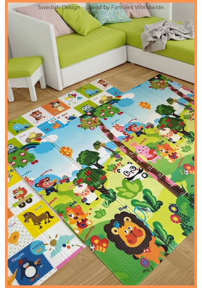 Happy Jungle Çift Taraflı Katlanabilir Oyun Halısı Ve Matı Premium Seri Taşıma Çantalı-180x120