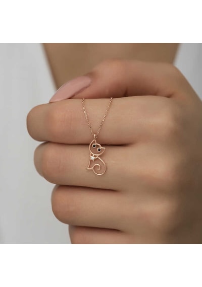925 Ayar Gümüş Rose Kedi Kadın Gümüş Kolye Beyaz