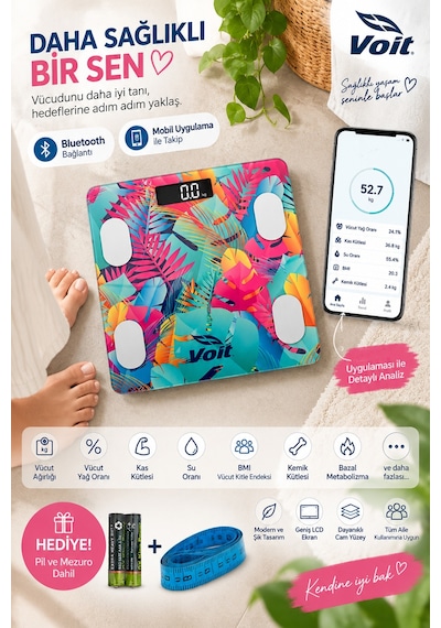 Voit Colorful Bluetooth Baskül Dijital Akıllı Tartı Yağ Ölçer Tartı