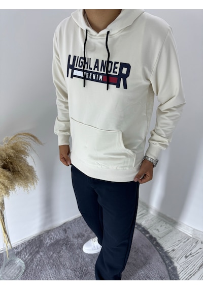 Say-Has Fashion Kapüşonlu Göğüs Baskılı Sweatshirt Bej