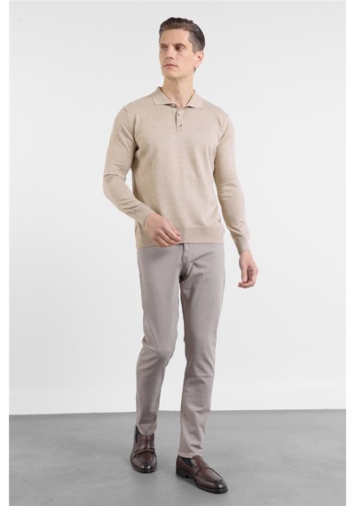 İmza Bej Polo Yaka Cepsiz Comfort Fit Classic Pamuklu Triko Kazak 1012255155
