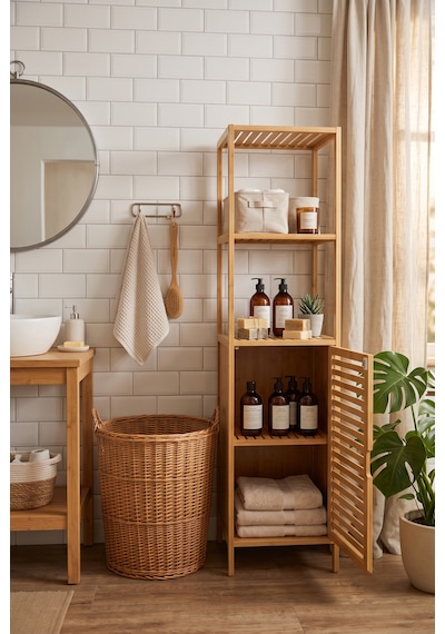 Bambu Tek Kapaklı 3 Raflı Çok Amaçlı Banyo Düzenleyici Organizer Dik Dolap Bej