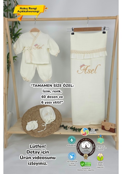 Gros Shop Müslin Yeni Doğan 4katlı Organik %100pamuk Kişiye Özgü Nakışlı Hastane Çıkış Seti Papatya Model-2 Ekru