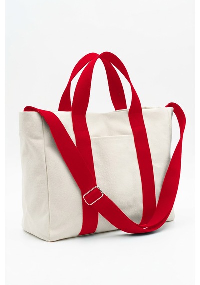 Tuttobene Harmony Mini Boy Tote Bag Kanvas Astarlı Cepli Çıtçıtlı Ayarlanabilir Askılı Kadın El Omuz Çantası - Küçük Boy Günlük Çanta Tb062 Beyaz - Kırmızı