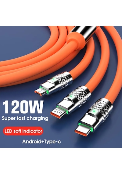 T-Max 3 In1 Süper Hızlı 120 W 6A Type-C + Micro USB + Lightning Şarj Kablosu Turuncu