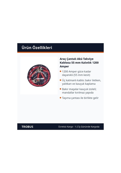 Trobus Araç Çantalı Akü Takviye Kablosu 55 Mm Kalınlık 1200 Amper