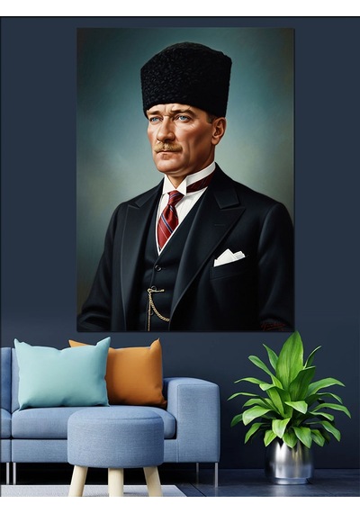 Ahşap Tablo Kalpak Başlıklı Siyah Takım Elbiseli Atatürk Portresi