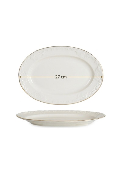 27 Cm Cream Altın Yaldızlı Kabartma Goncagül Desen Porselen Kayık Tabak Şık Servis Ve Sunum Tabağı Krem