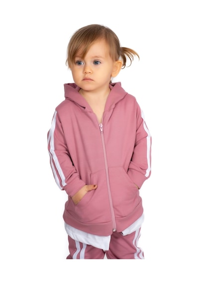 Mai Perla Yandan Çizgili Kanguru Cepli Fermuarlı Sports Wear 2 Li Bebek Takım Pembe