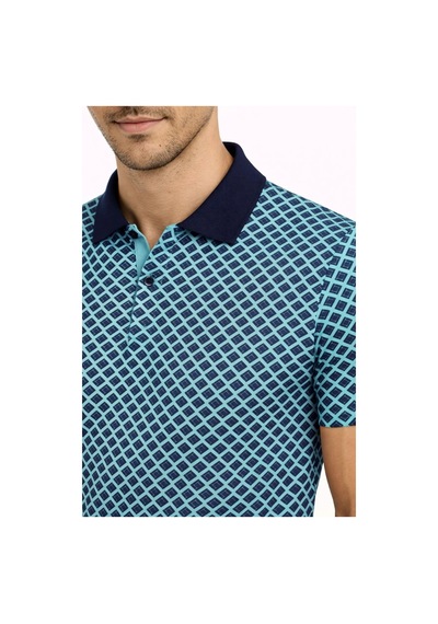 Erkek Pike Kumaş Polo Yaka Desenli Tişört Kısa Kol Yazlık T-shirt - Turkuaz Çok Renkli
