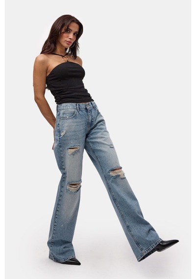 it's basic Kadın Kot Rengi 12s6-32 Bootcut Fit Yırtık Detaylı Denim Jean Mavi
