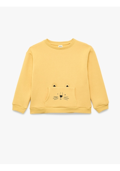 Koton Kedi Baskılı Kanguru Cepli Uzun Kollu Şardonlu Sweatshirt Sarı 7wmb10020tk