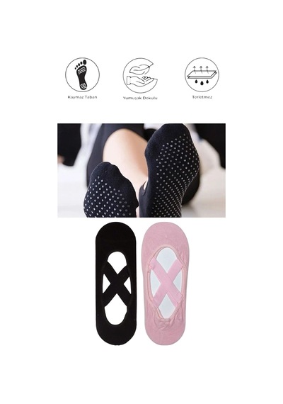 2 Adet Kadın Kaydırmaz Tabanlı Yoga Pilates Fitness Dans Ve Spor Çorabı Siyah - Pembe