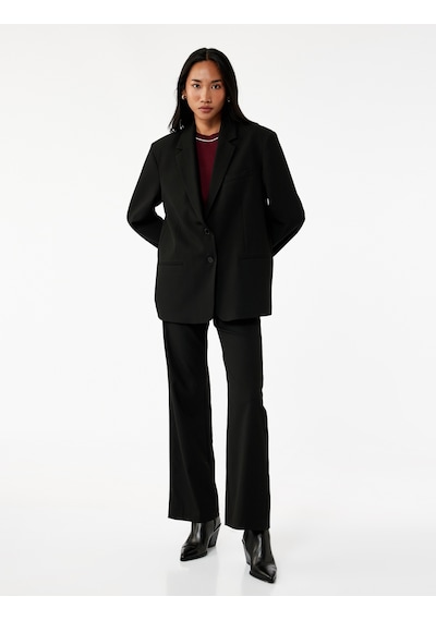 Koton Düğmeli Cepli Straight Fit Düz Bol Paça Kumaş Pantolon Siyah 6wak40032pw