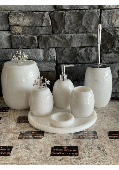 Beyaz Doğal Mermer Gümüş Mercan Aksesuarlı Oval 7,li Banyo Seti Beyaz