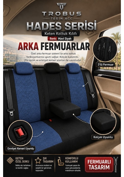Tesla Model 3 2017 Ve Sonrası Uyumlu Hades Serisi Keten Koltuk Kılıfı Mavi Siyah