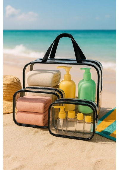 Modalarge Büyük Boy Şeffaf Plaj Çantası 3lü Set Islak Bikini Çantası
