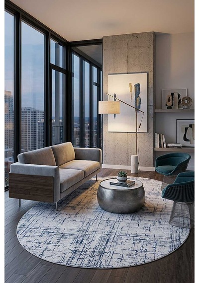 Parlak Saten Dokulu Poem Bambu Tuşe Modern Trend Oval Halı Pm07 Mavi Mavi-krem