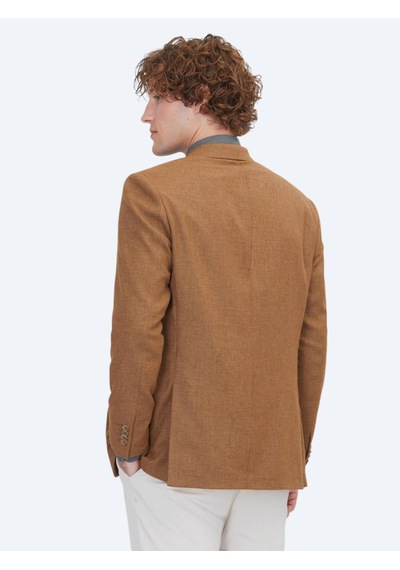 Kip Kahverengi Desenli Modern Fit Keten Karışımlı Ceket