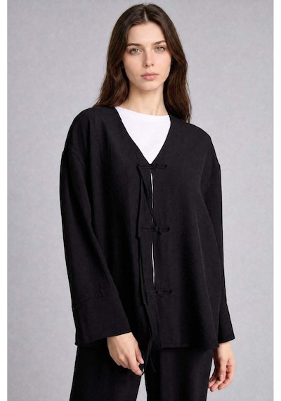 Defacto Regular Fıt V Yaka Krinkıl Kumaş Siyah Kimono H1869ax26smbk81 Siyah-bk81