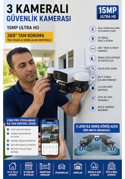 ARM-95W 3 Kameralı Güvenlik Kamerası 15MP Ultra Hd Ptz Hareketli Akıllı Ip Kamera  V380 Pro Gece Görüşlü Sesli Dış Mekan