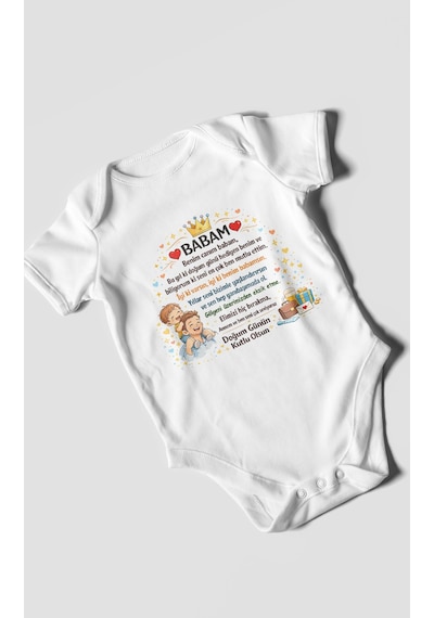 Morivokids Babam Doğum Günün Kutlu Olsun Kısa Kollu Bebek Body %100 Pamuk Beyaz